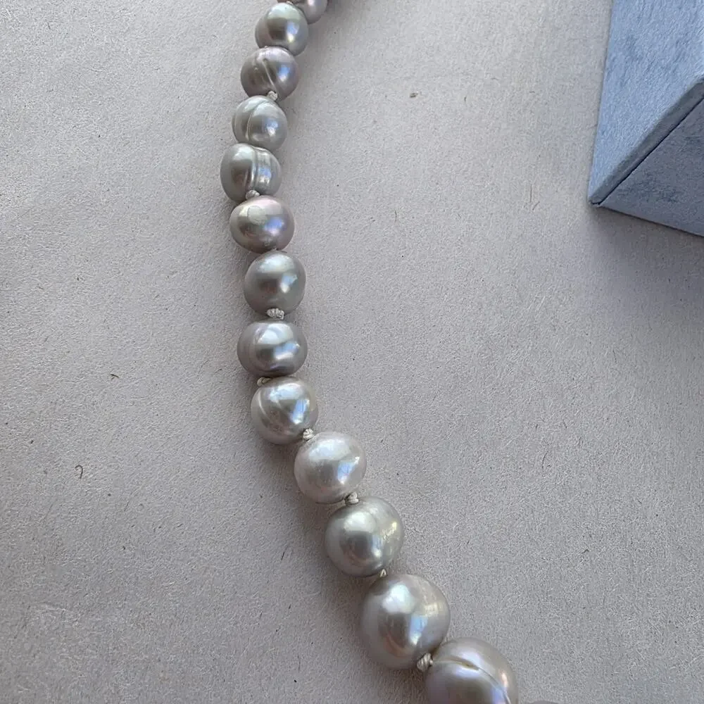 Light Gray Pearl Necklace Earrings Set Sterling‎ Silver 925 Stamped Clasp Beaded